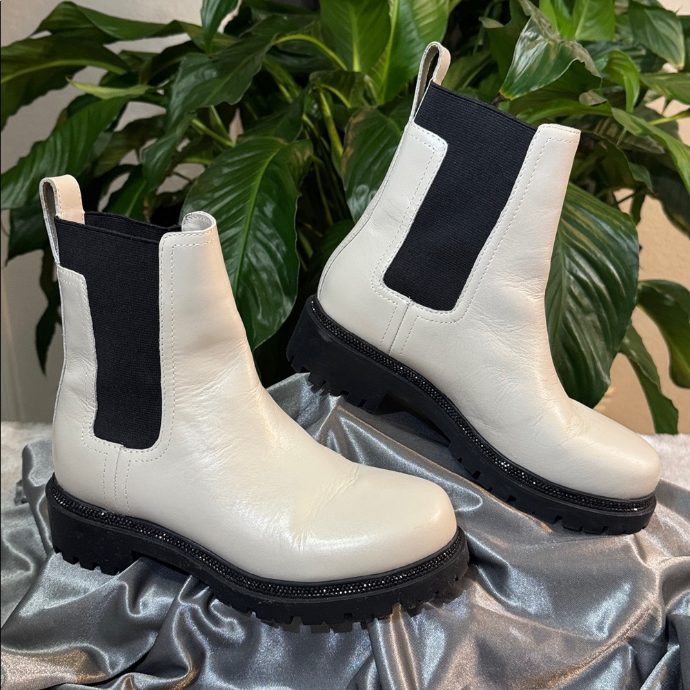 DKNY Ivory Leather Embellished Chelsea Pull-On  Boots - Women's 6M